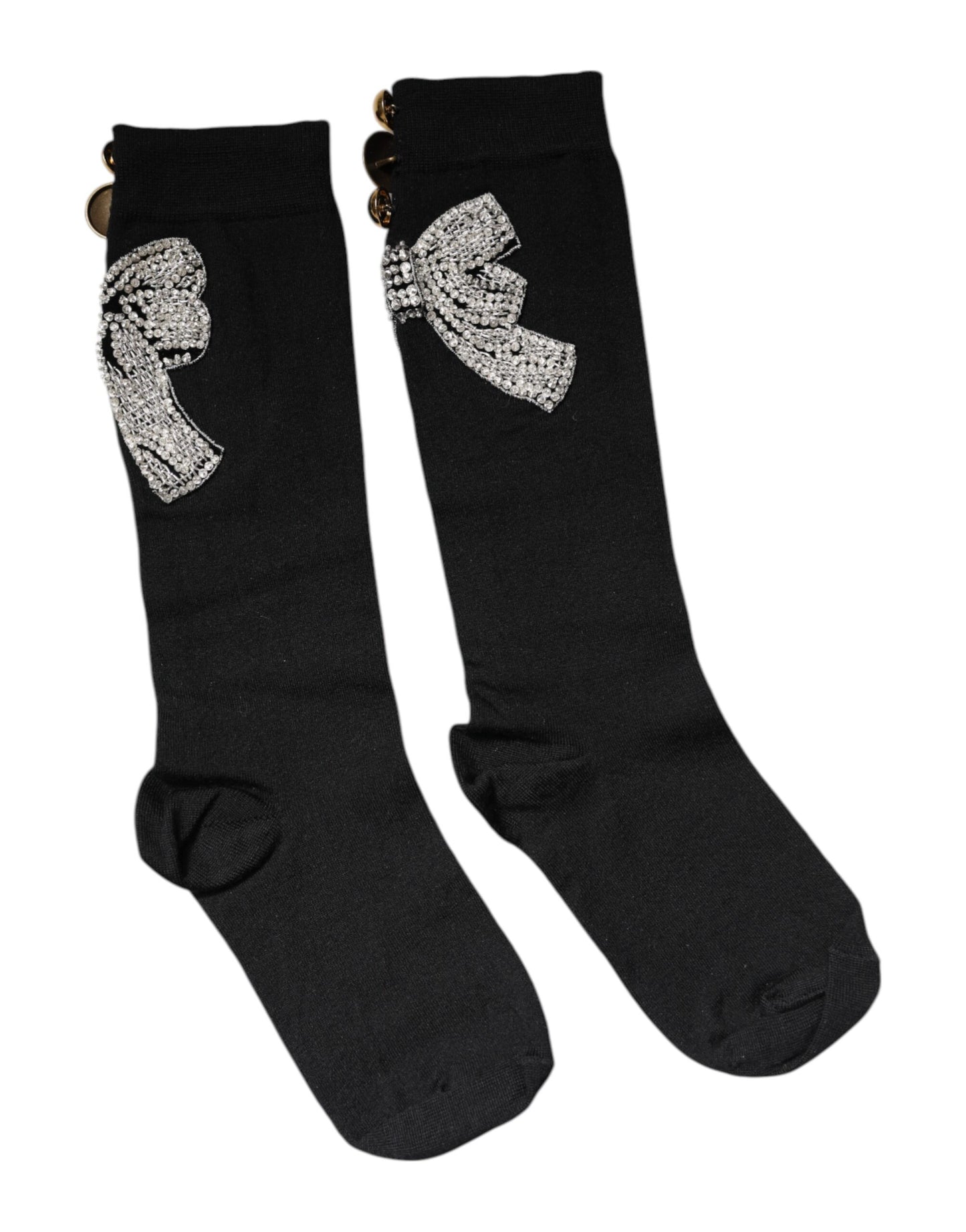 Black Knit Floral Crystal Embellishment Socks