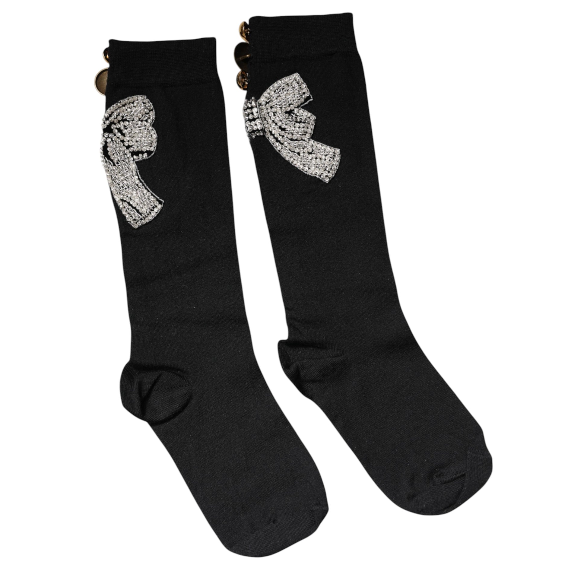 Black Knit Floral Crystal Embellishment Socks