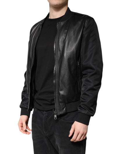 Black Lambskin Leather Biker Full Zip Jacket