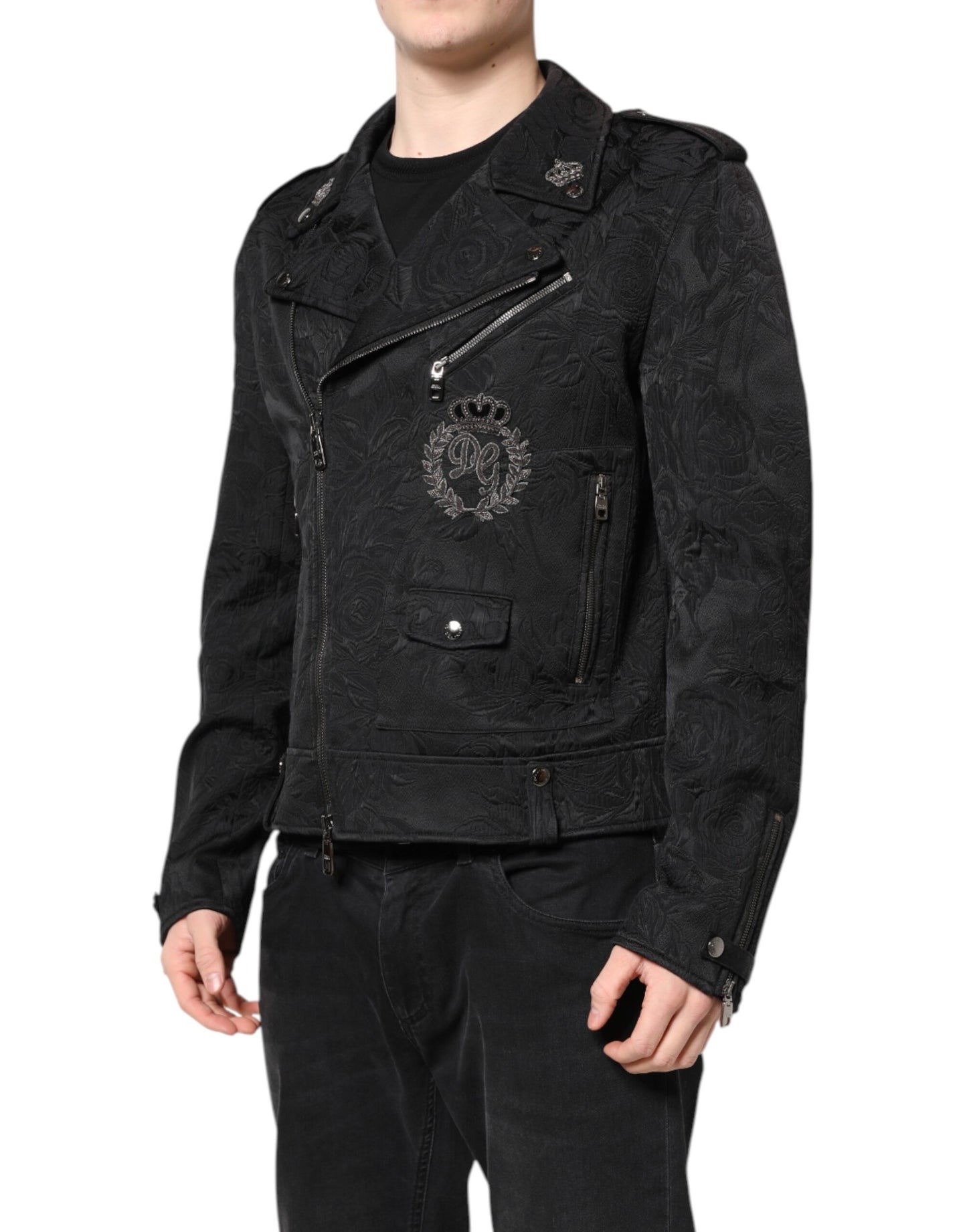 Black Brocade Cotton Full Zip Biker Jacket
