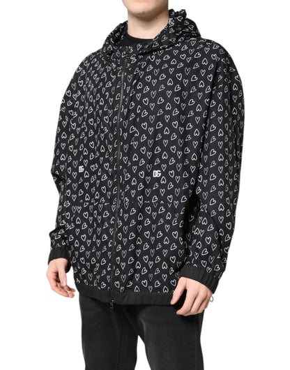 Black Heart Print Hooded Windbreaker Jacket