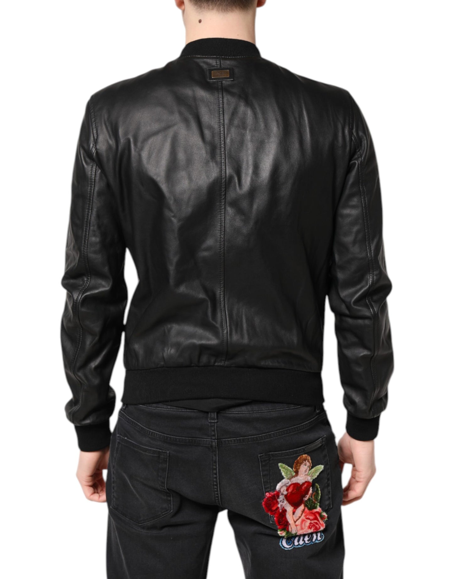 Black Lambskin Leather Full Zip Biker Jacket