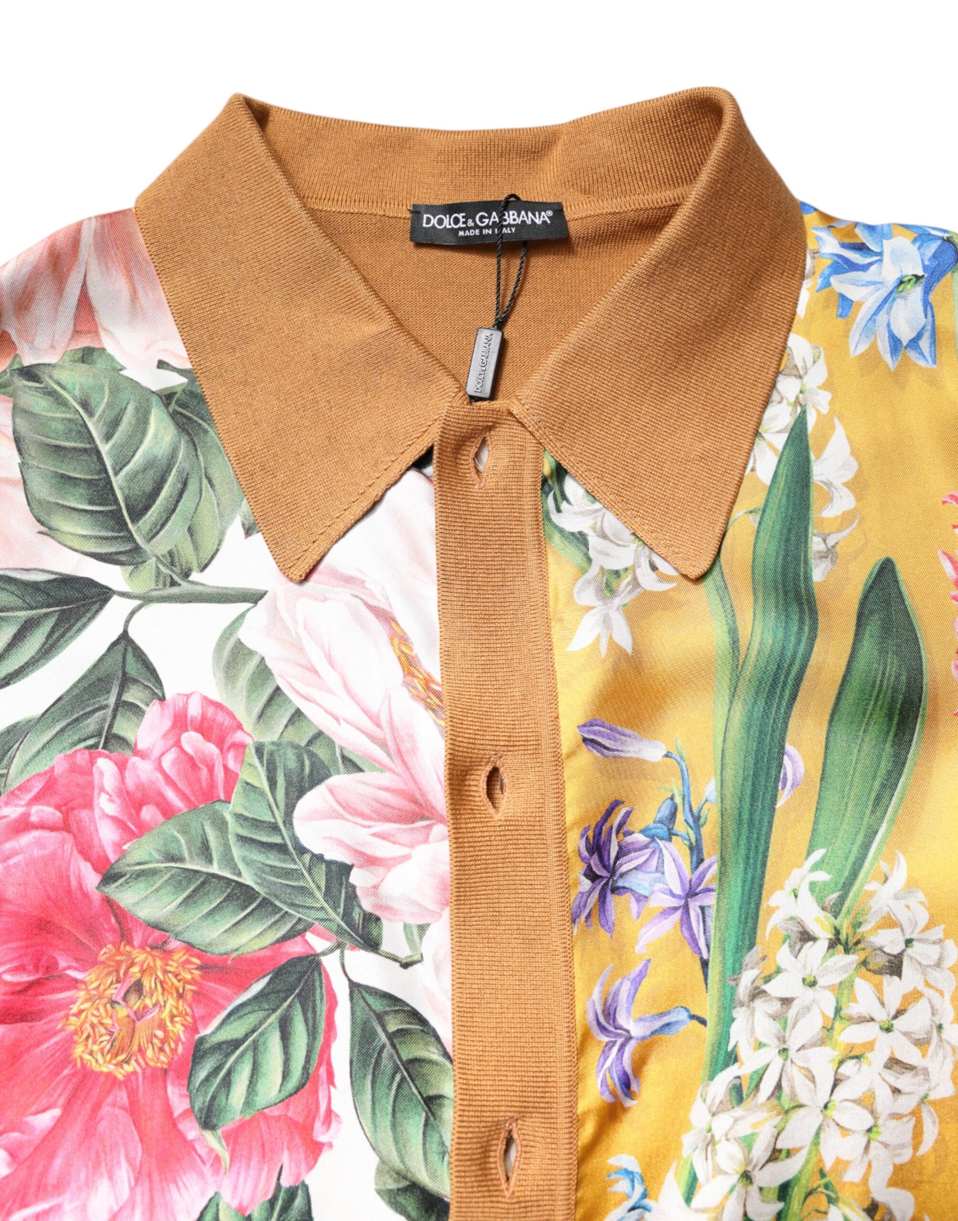 Brown Floral Collared Short Sleeve T-shirt