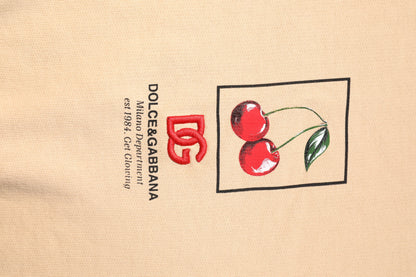 Beige Cherry Print Crew Neck Pullover Sweater