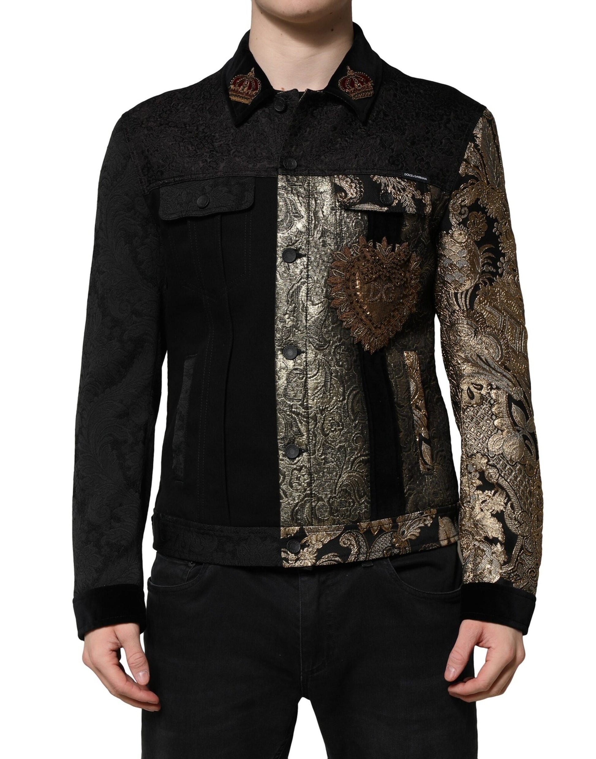 Black Gold Floral Jacquard Men Biker Jacket