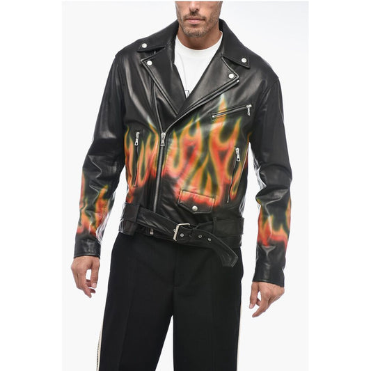 Leather BURNING Biker Jacket with Flames Motif