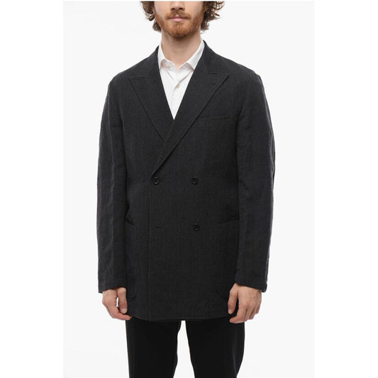 Wool and Flax Side Vents Peak Lapel Double-Breasted Blazer