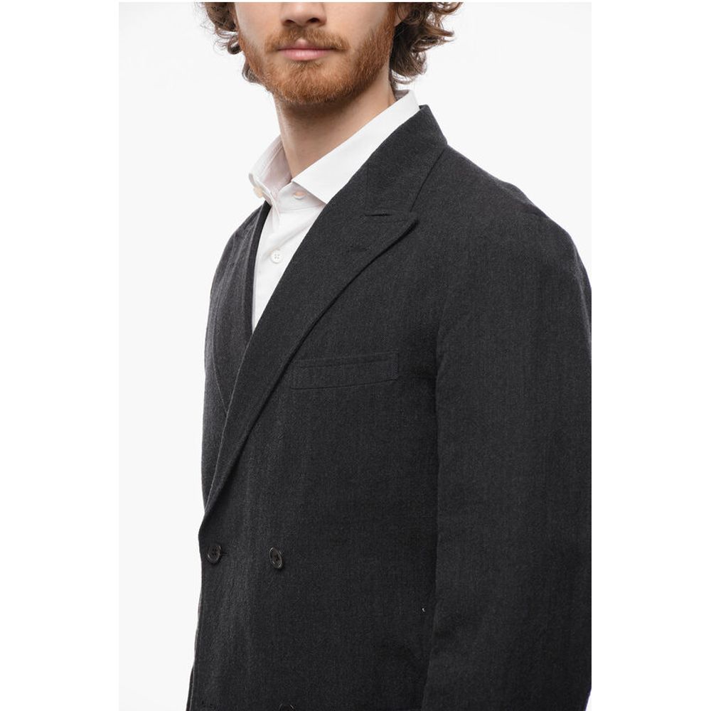 Wool and Flax Side Vents Peak Lapel Double-Breasted Blazer