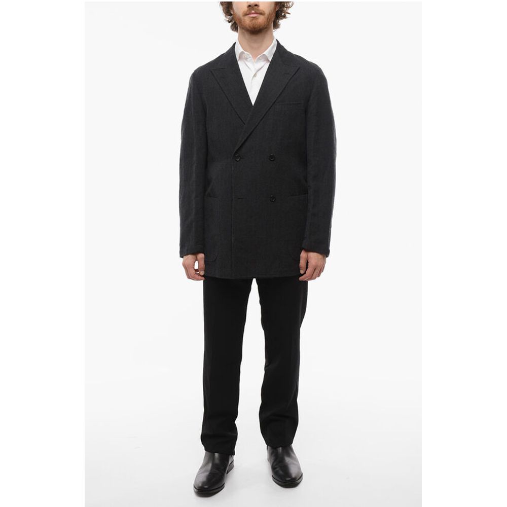 Wool and Flax Side Vents Peak Lapel Double-Breasted Blazer
