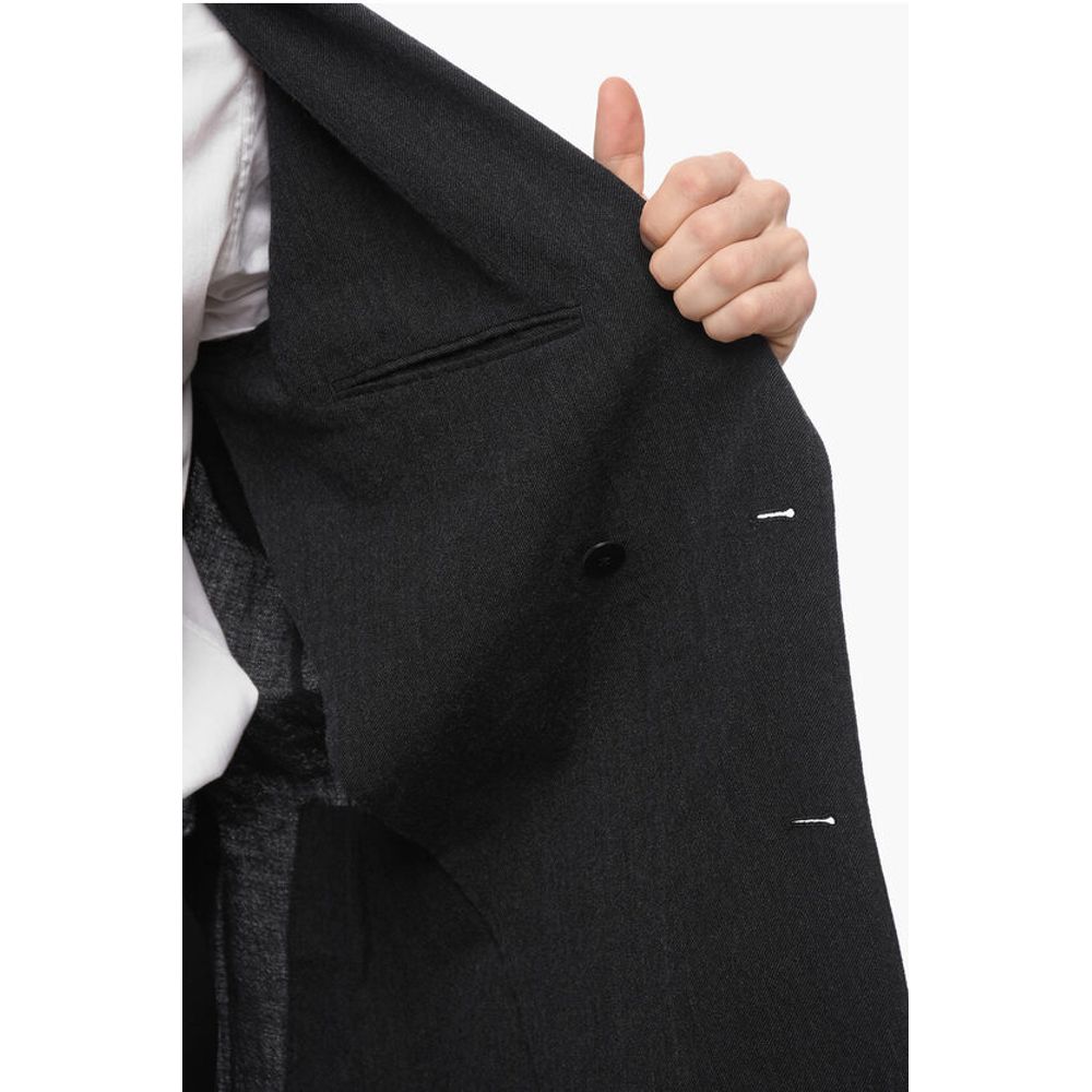 Wool and Flax Side Vents Peak Lapel Double-Breasted Blazer