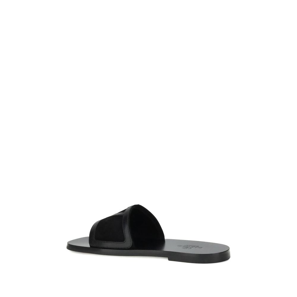 Black Calf Leather Bos Taurus Flat Sandals