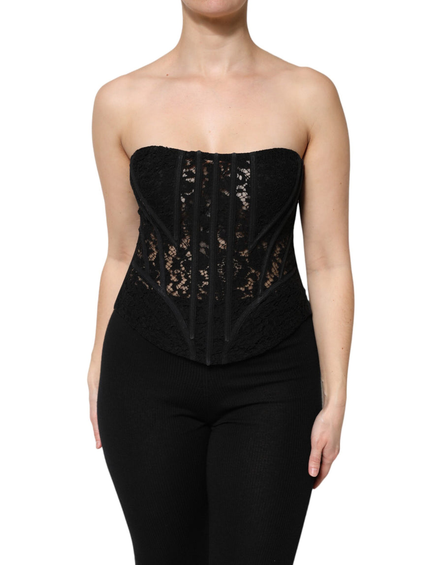 Black Cotton Floral Lace Corset Bustier Top