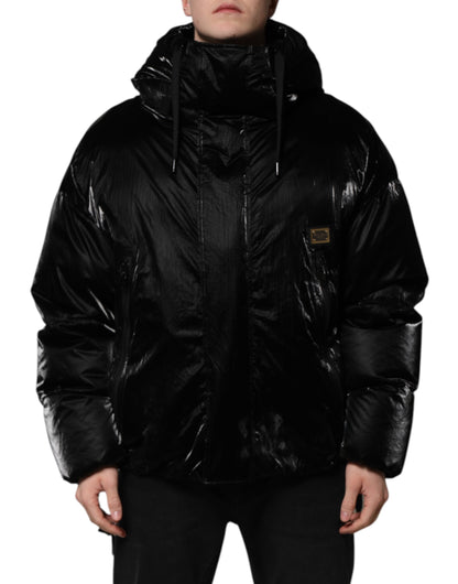 Black Logo Full Zip Hooded Quilted Jacket