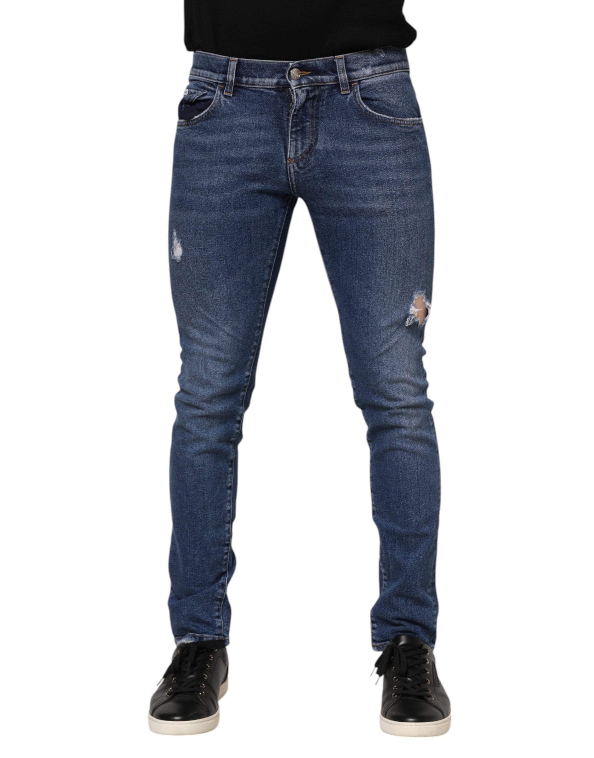 Blue Cotton Logo Plaque Skinny Men Denim Jeans