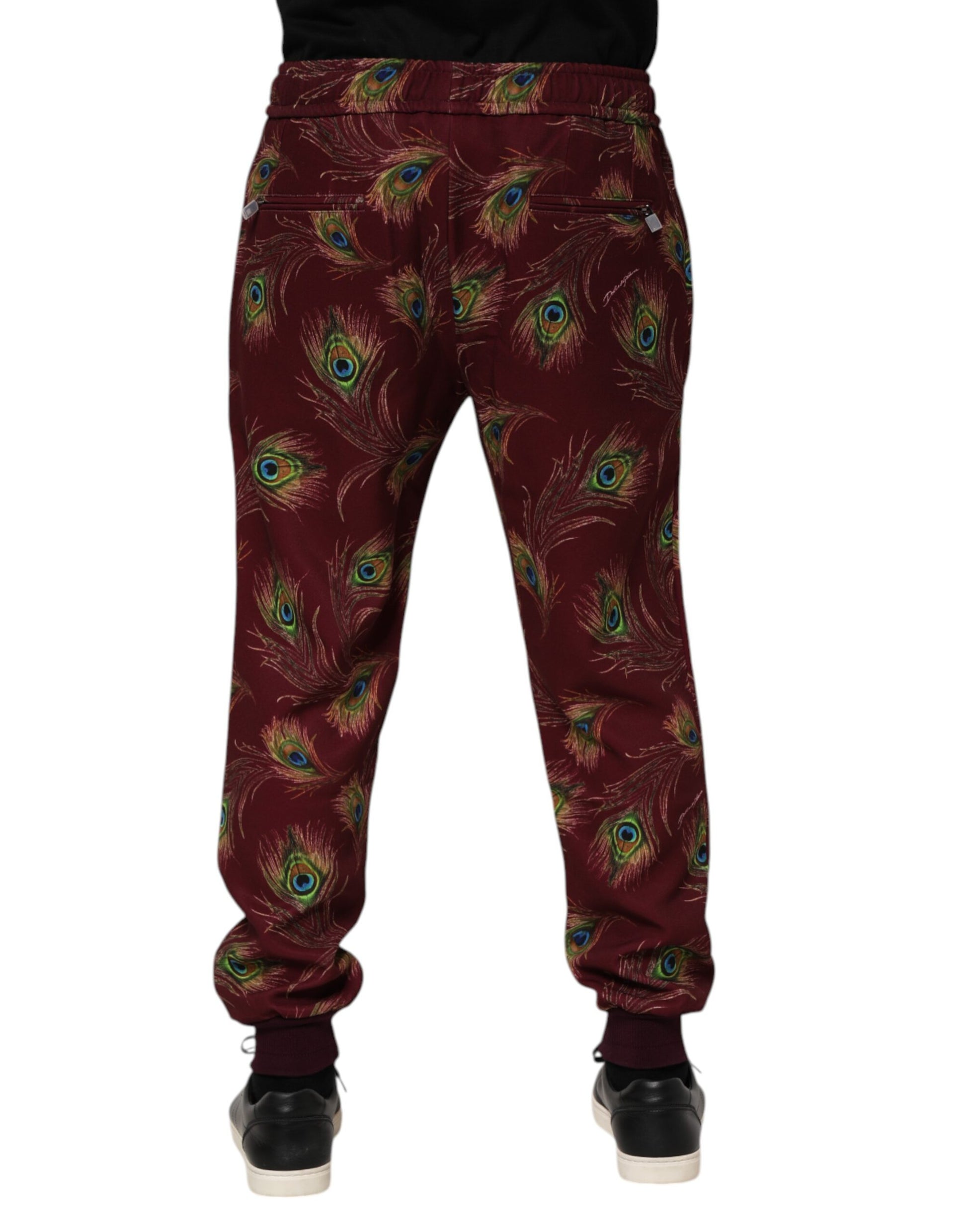 Burgundy Peacock Feather Print Jogger Pants