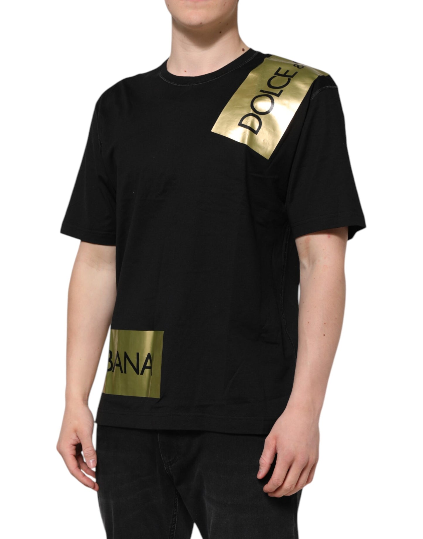Black Logo Tape Cotton Men Crew Neck T-shirt