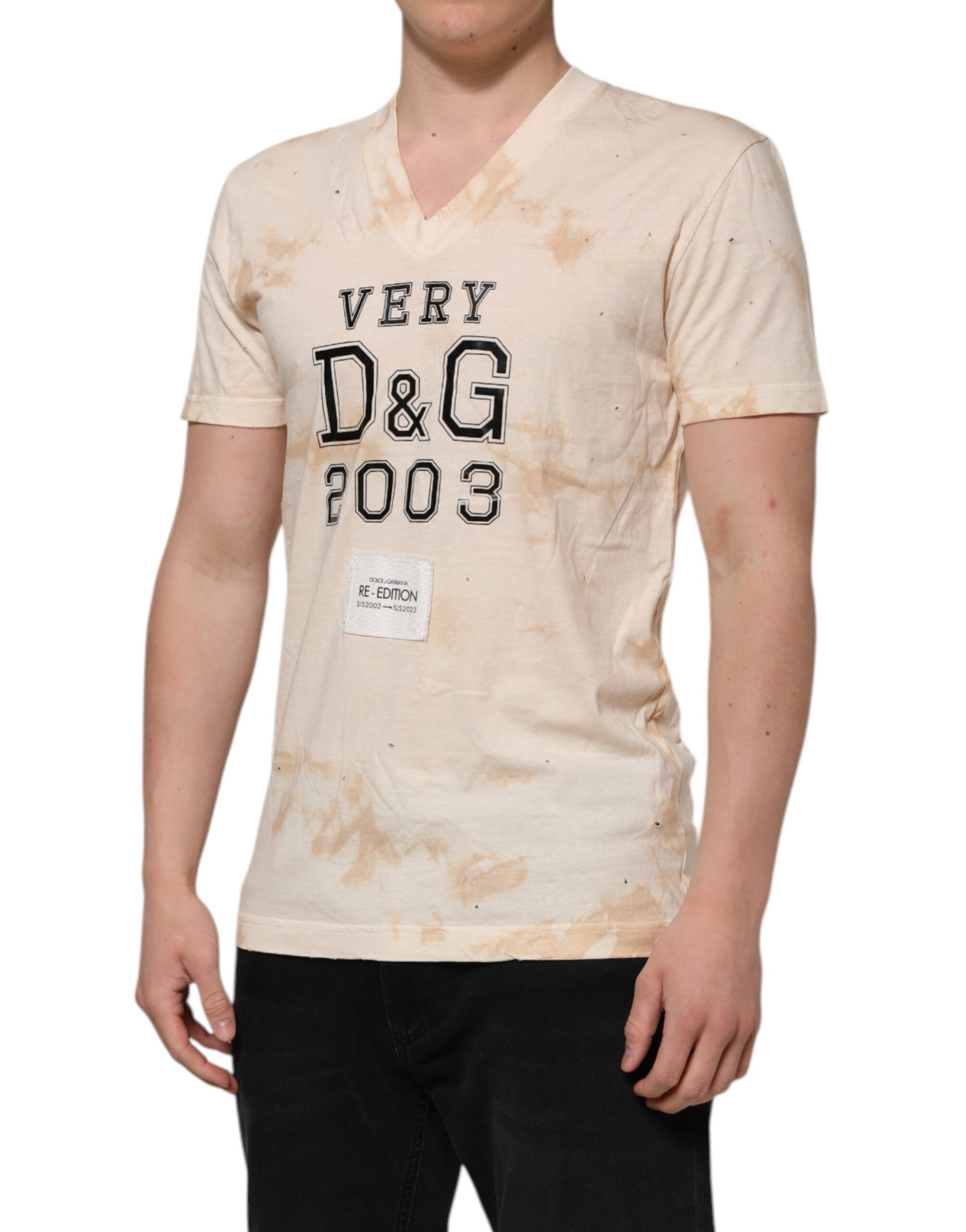 Beige Logo Print Short Sleeve V-neck T-shirt