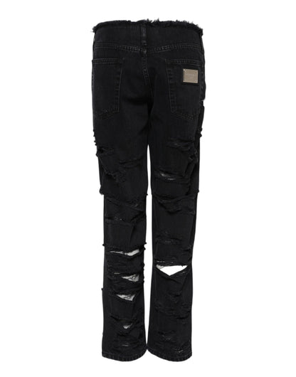 Black Cotton Tattered Mid Waist Denim Jeans