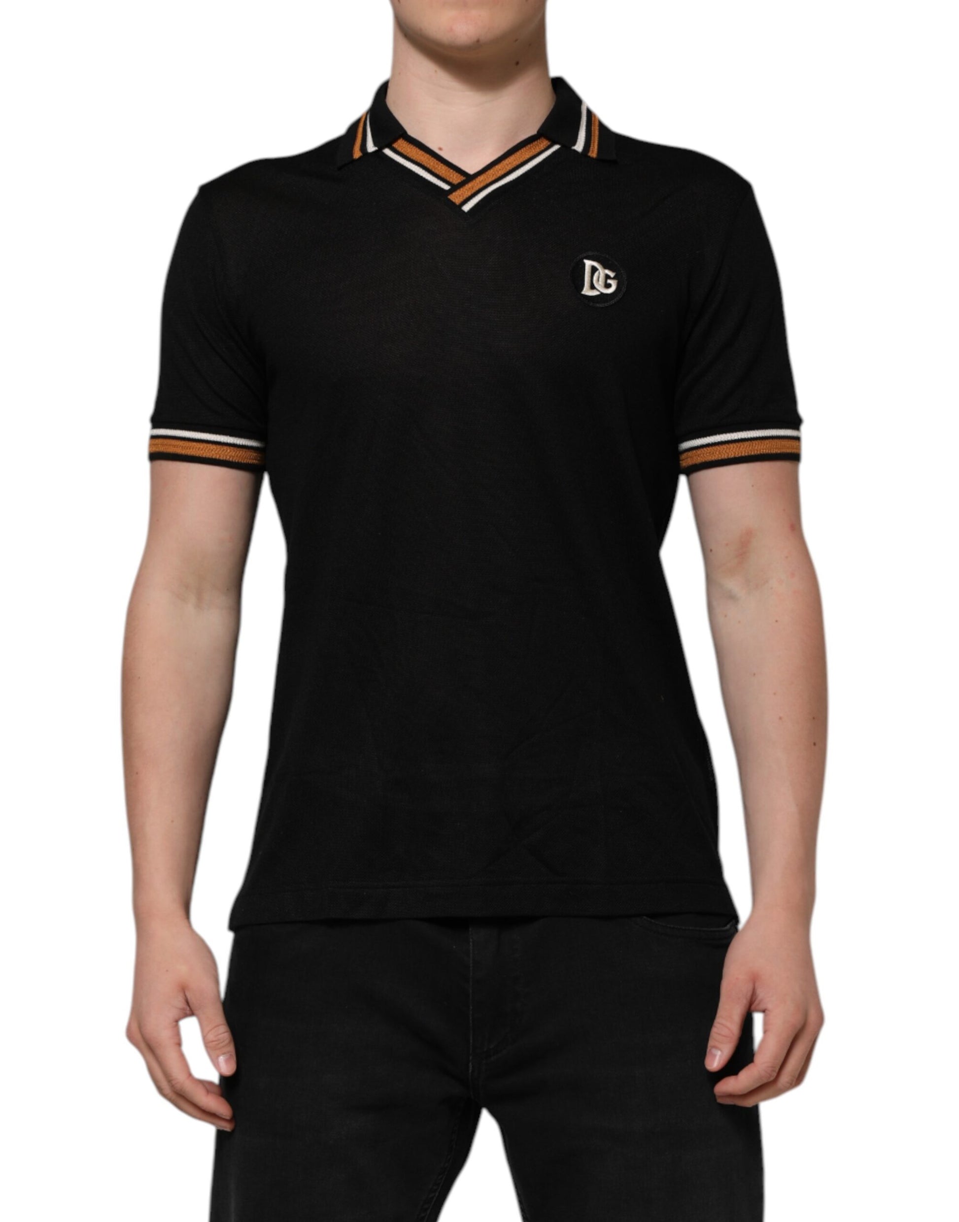 Black DG Silk Vneck Collared Men Polo T-shirt