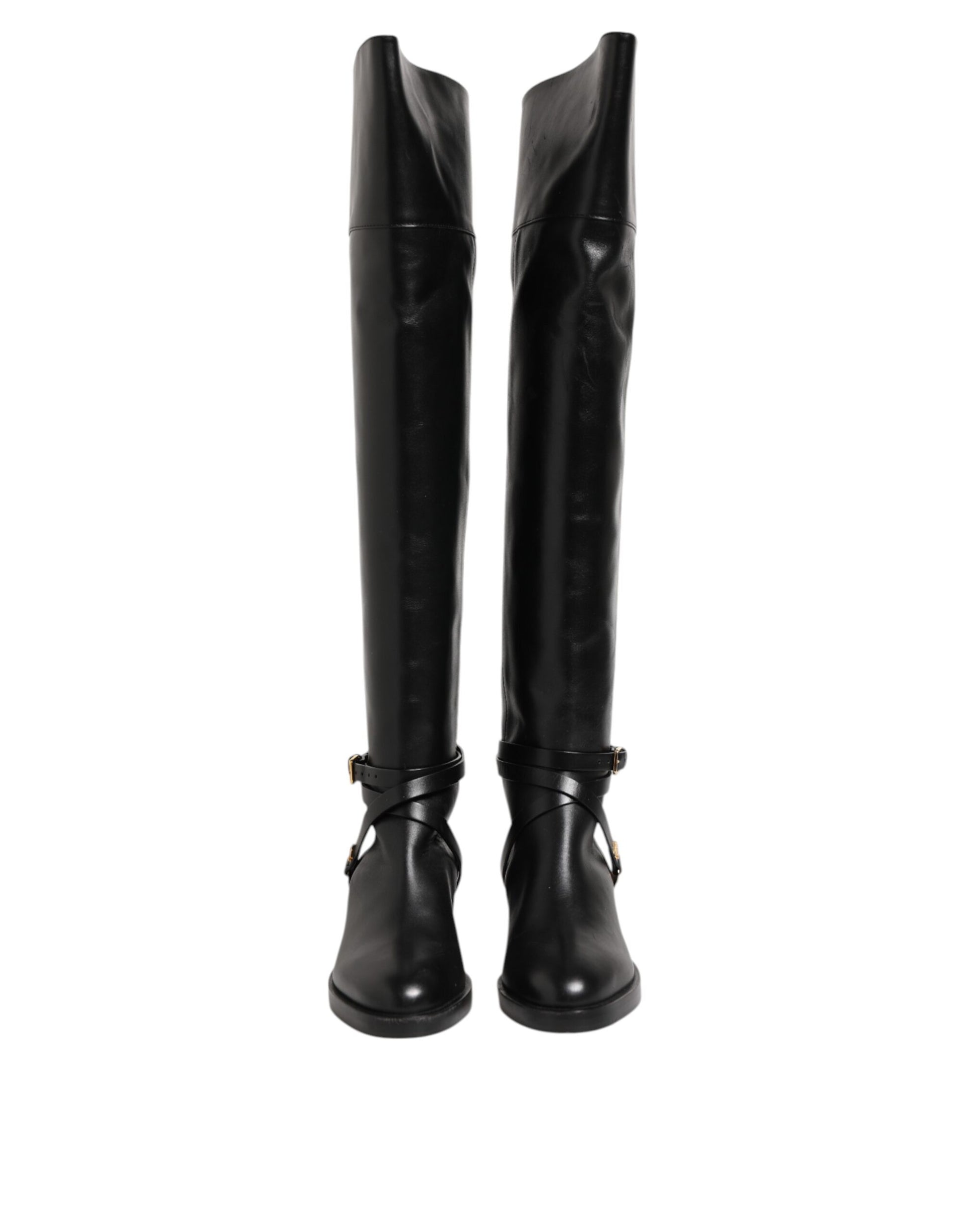 Black Leather Buckled High Boots Shoes