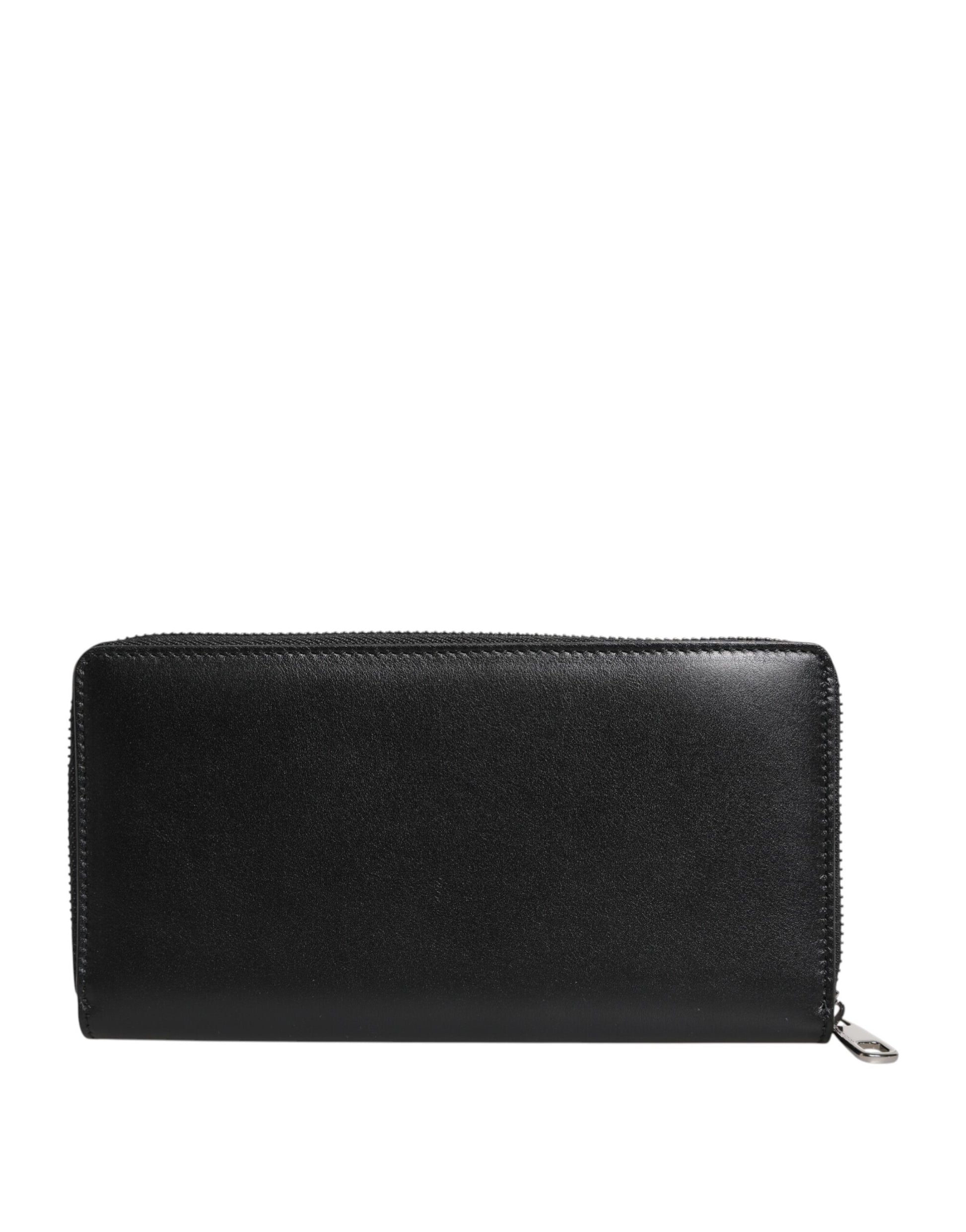 Black Leather Logo Plaque Zip Around Continental Wallet