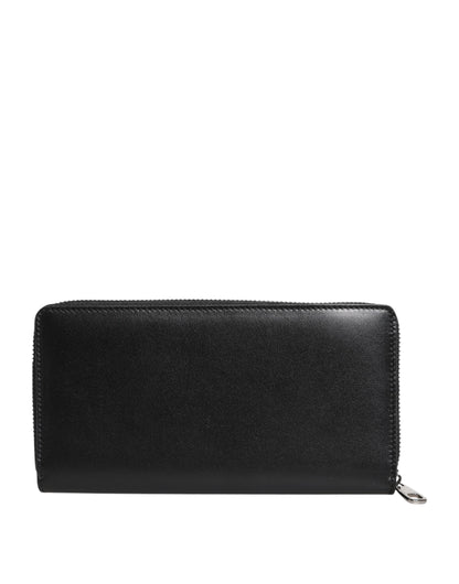 Black Leather Logo Plaque Zip Around Continental Wallet