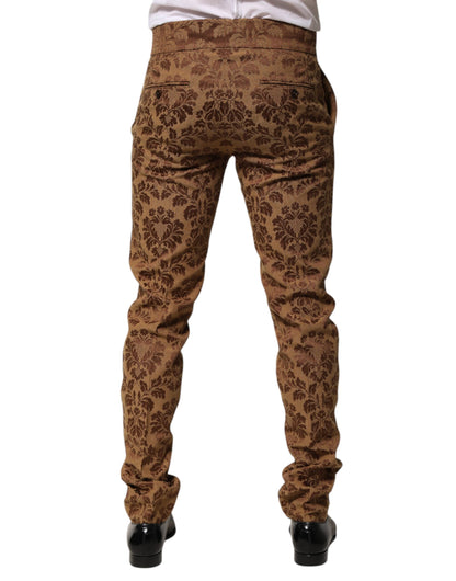 Brown Floral Jacquard Men Skinny Trouser Pants