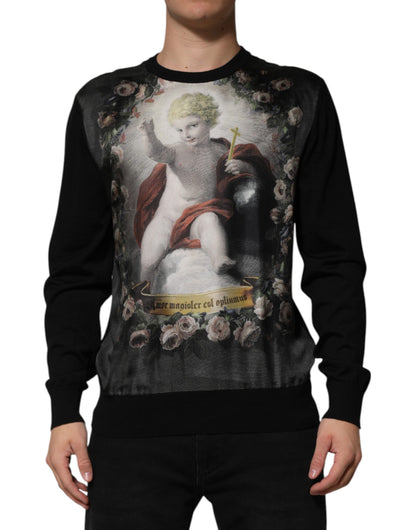 Black Cashmere Cherub Print Baroque Sweater
