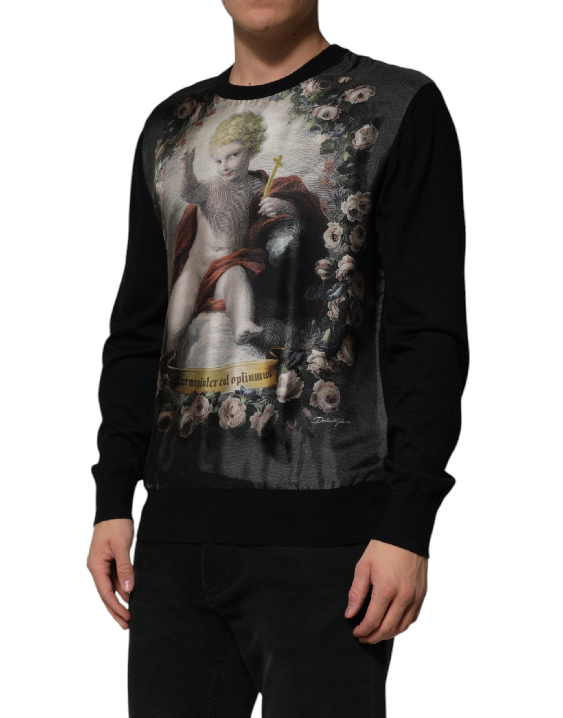Black Cashmere Cherub Print Baroque Sweater