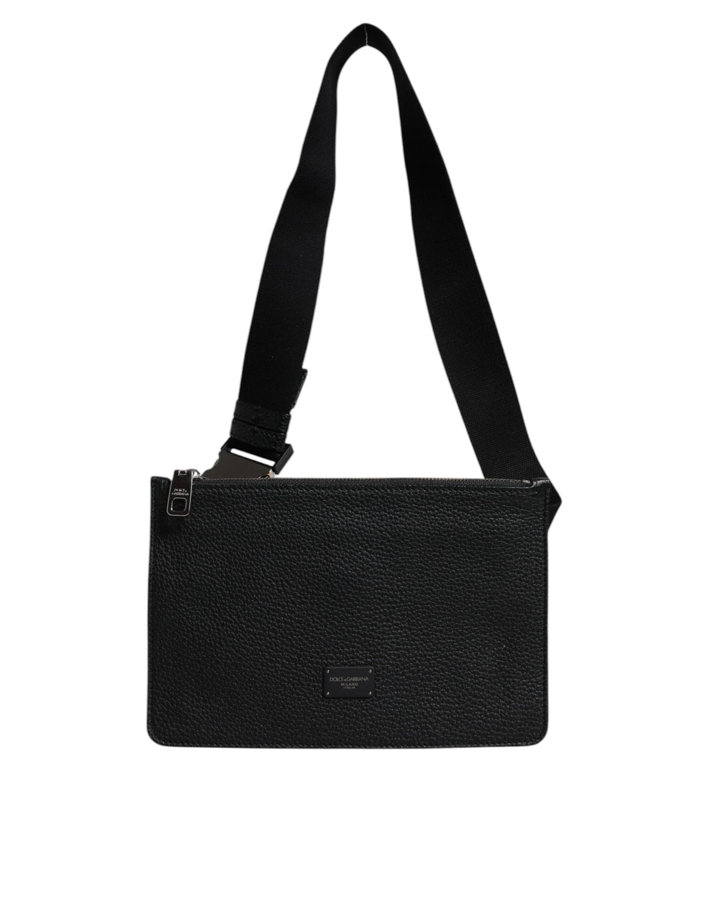 Black Leather Logo Embossed Waist Fanny Pack Borse Bag