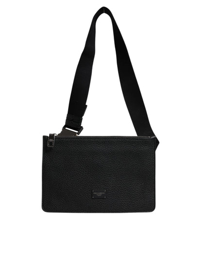 Black Leather Logo Embossed Waist Fanny Pack Borse Bag