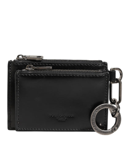 Black Leather Zipped Card Holder Coin Purse Keyring Wallet