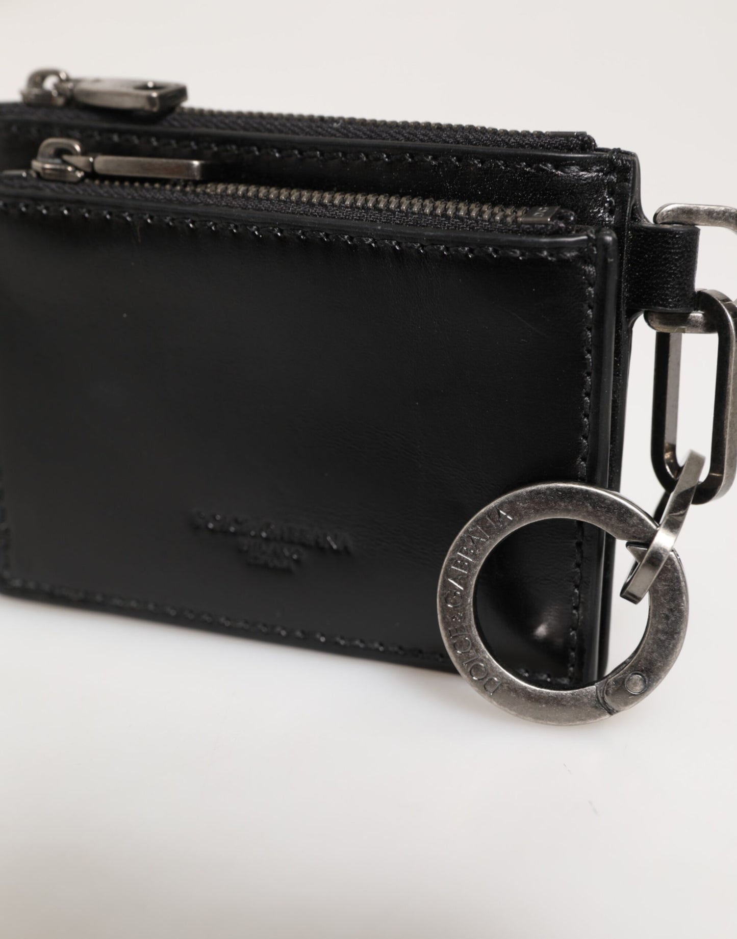 Black Leather Zipped Card Holder Coin Purse Keyring Wallet