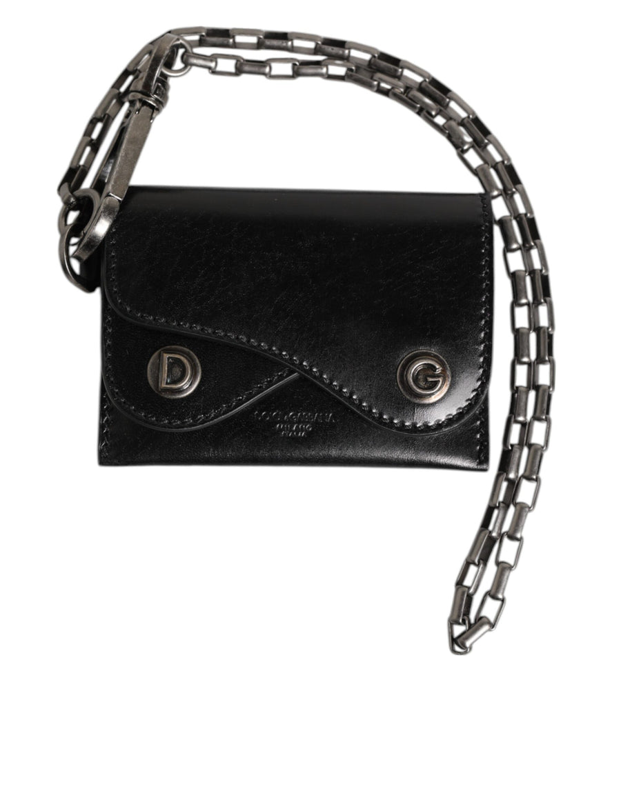 Black Cavallo Leather Wallet Chain Snap Bifold Card Holder