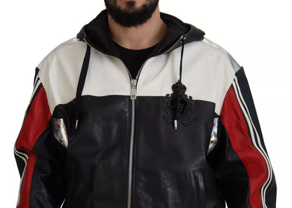 Black Leather Hooded Blouson Jacket