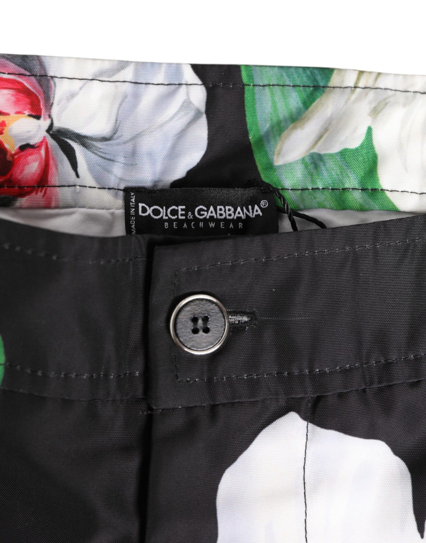 Black White Polyester Floral Orchid Print Shorts