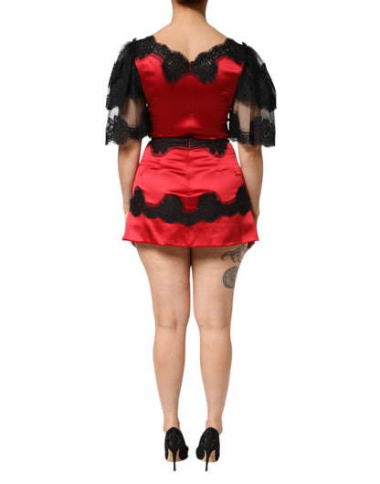Red Black Silk Lace Mini Short Sleeve Dress
