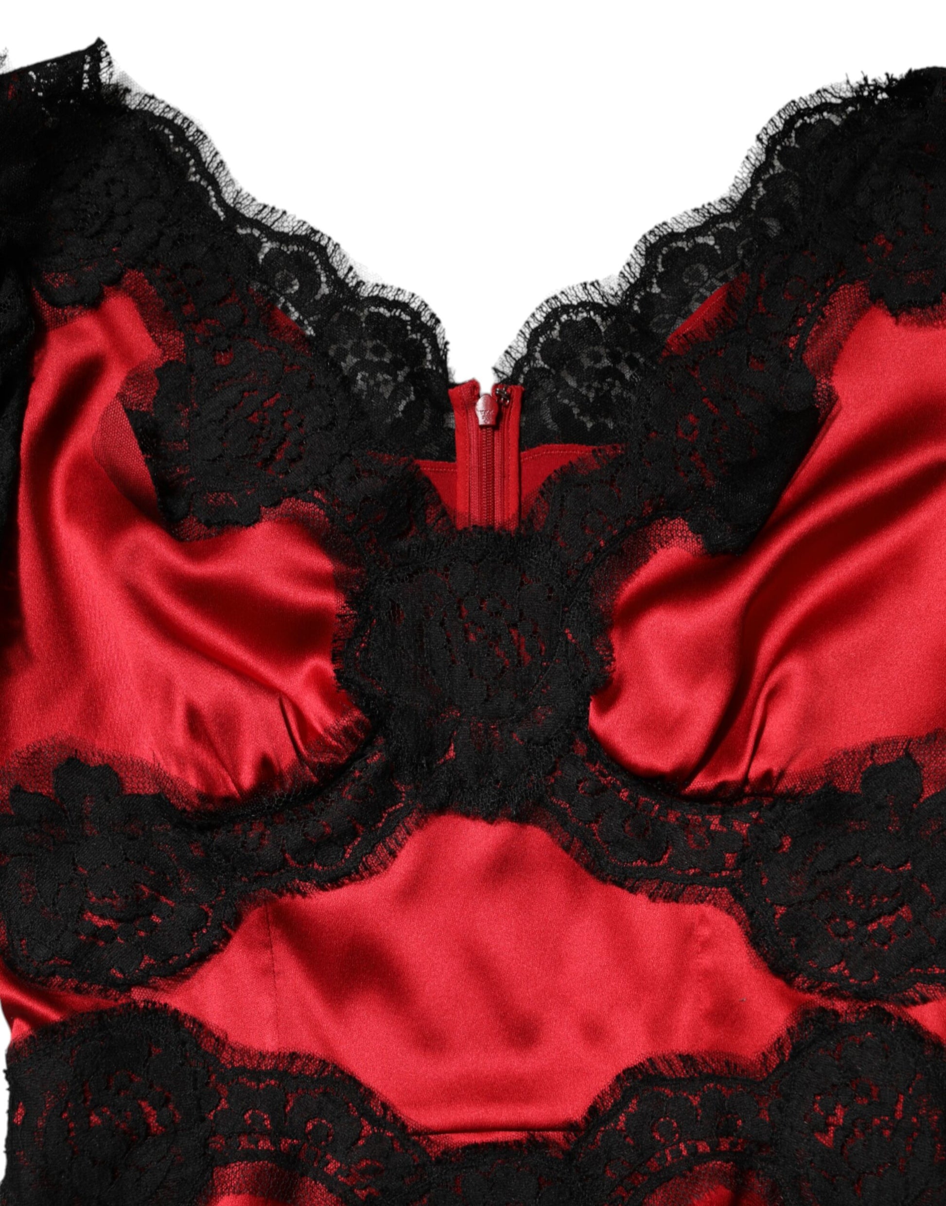 Red Black Silk Lace Mini Short Sleeve Dress