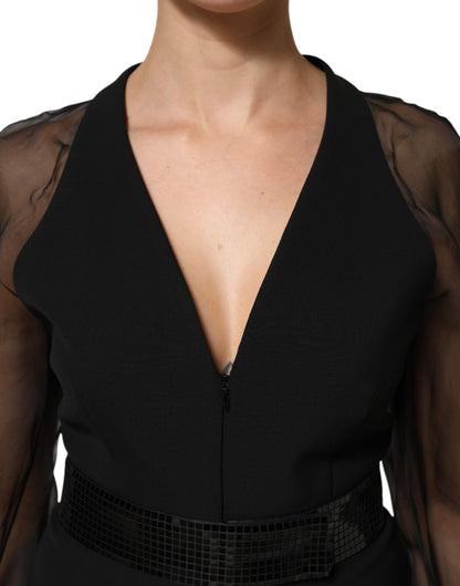 Black Sheer Sleeve Belted V-Neck Mini Dress