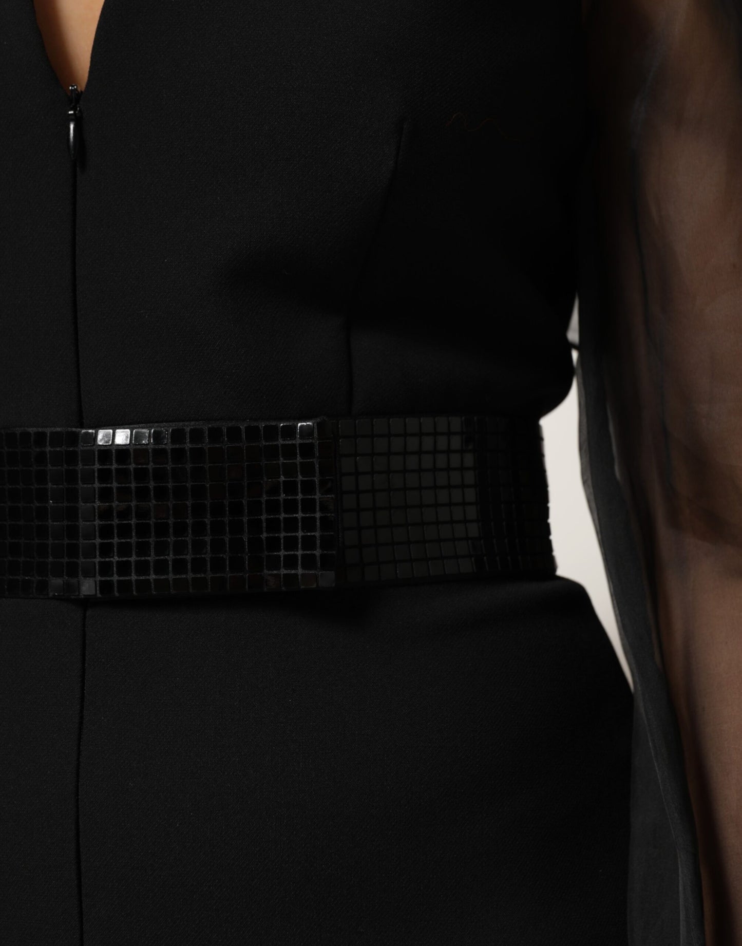 Black Sheer Sleeve Belted V-Neck Mini Dress