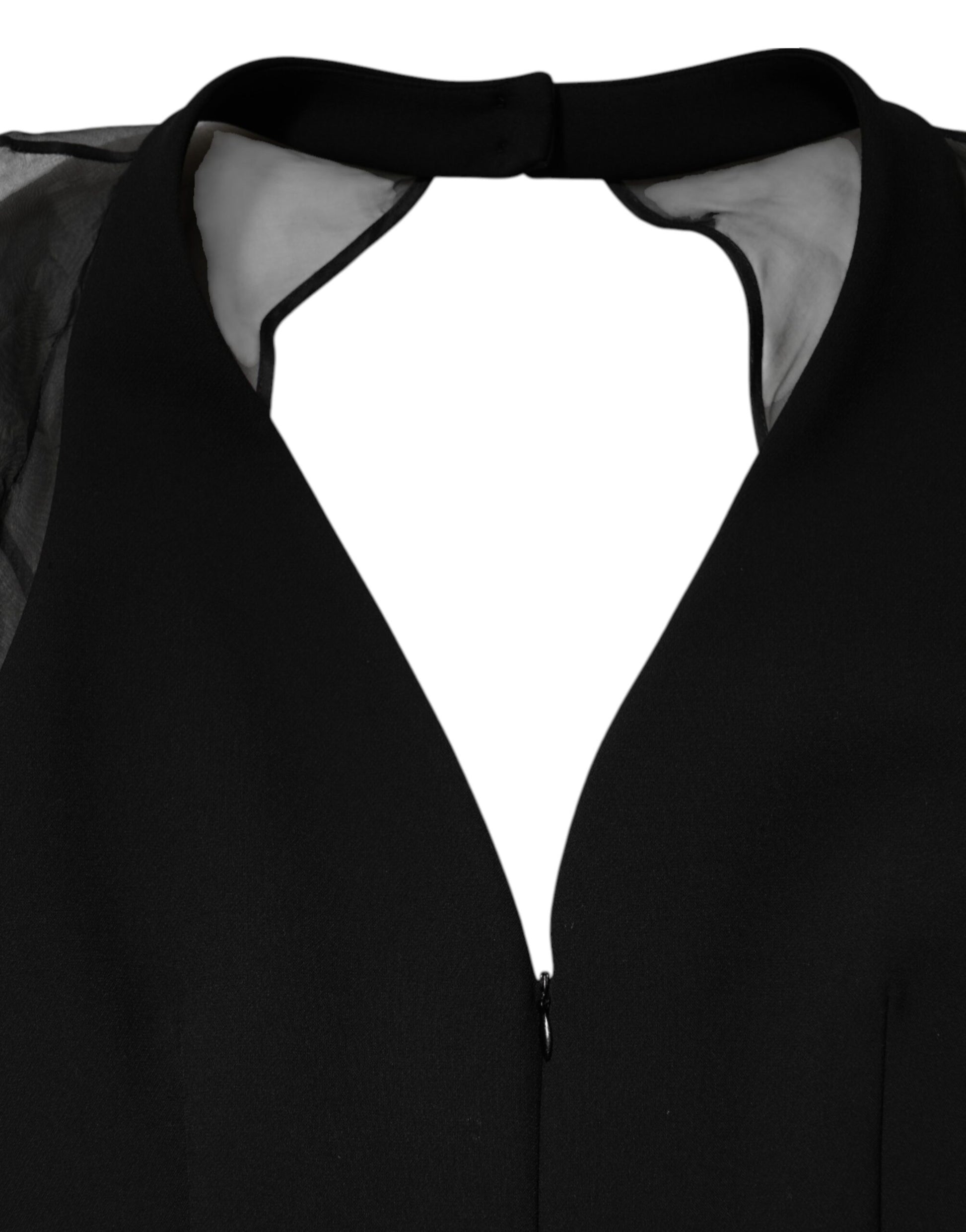 Black Sheer Sleeve Belted V-Neck Mini Dress