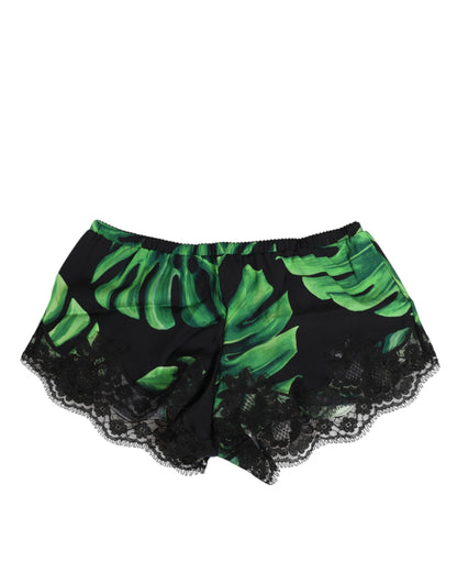 Black Green Tropical Print Lace Underwear