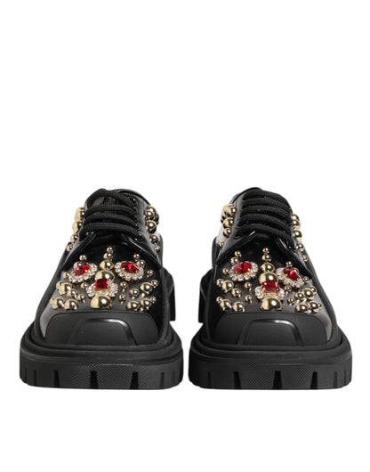 Black Leather Jeweled Crystals Derby Shoes