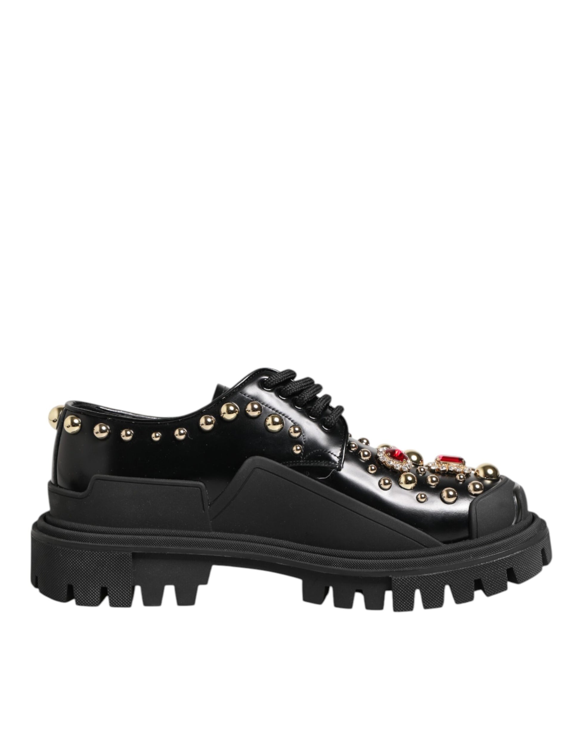 Black Leather Jeweled Crystals Derby Shoes