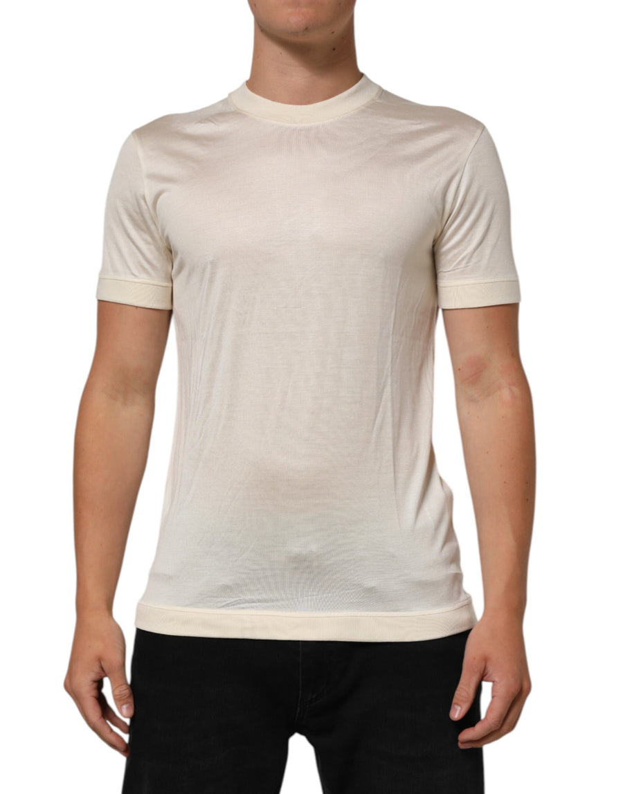 Off White Silk Crew Neck Short Sleeve T-shirt