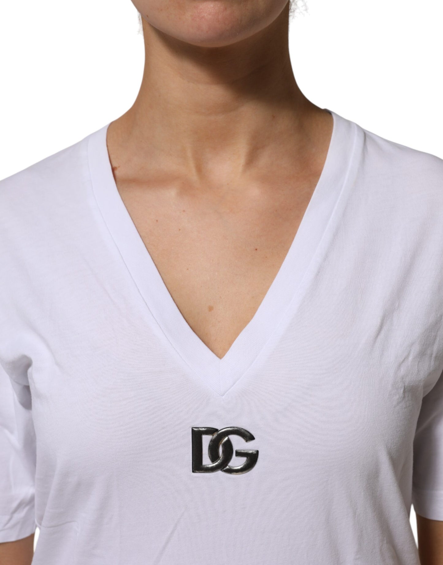 White Cotton V-Neck Short Sleeves T-Shirt