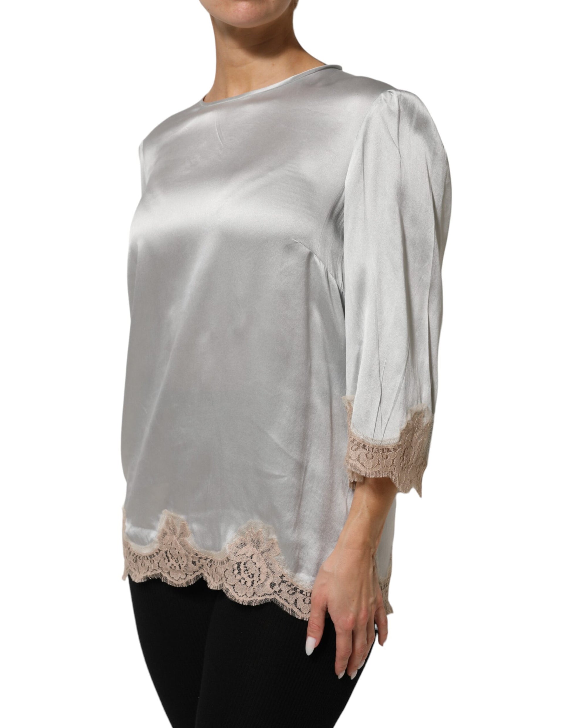 Gray Silk Satin Floral Lace Long Sleeve Top