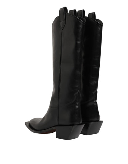 Black Leather Over The Calf Biker Boots Shoes