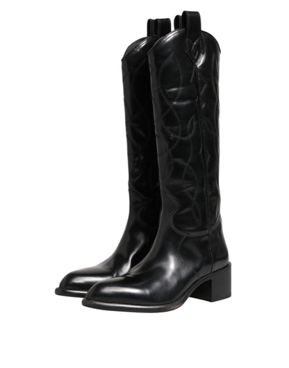 Black Leather Over The Calf Biker Boots Shoes