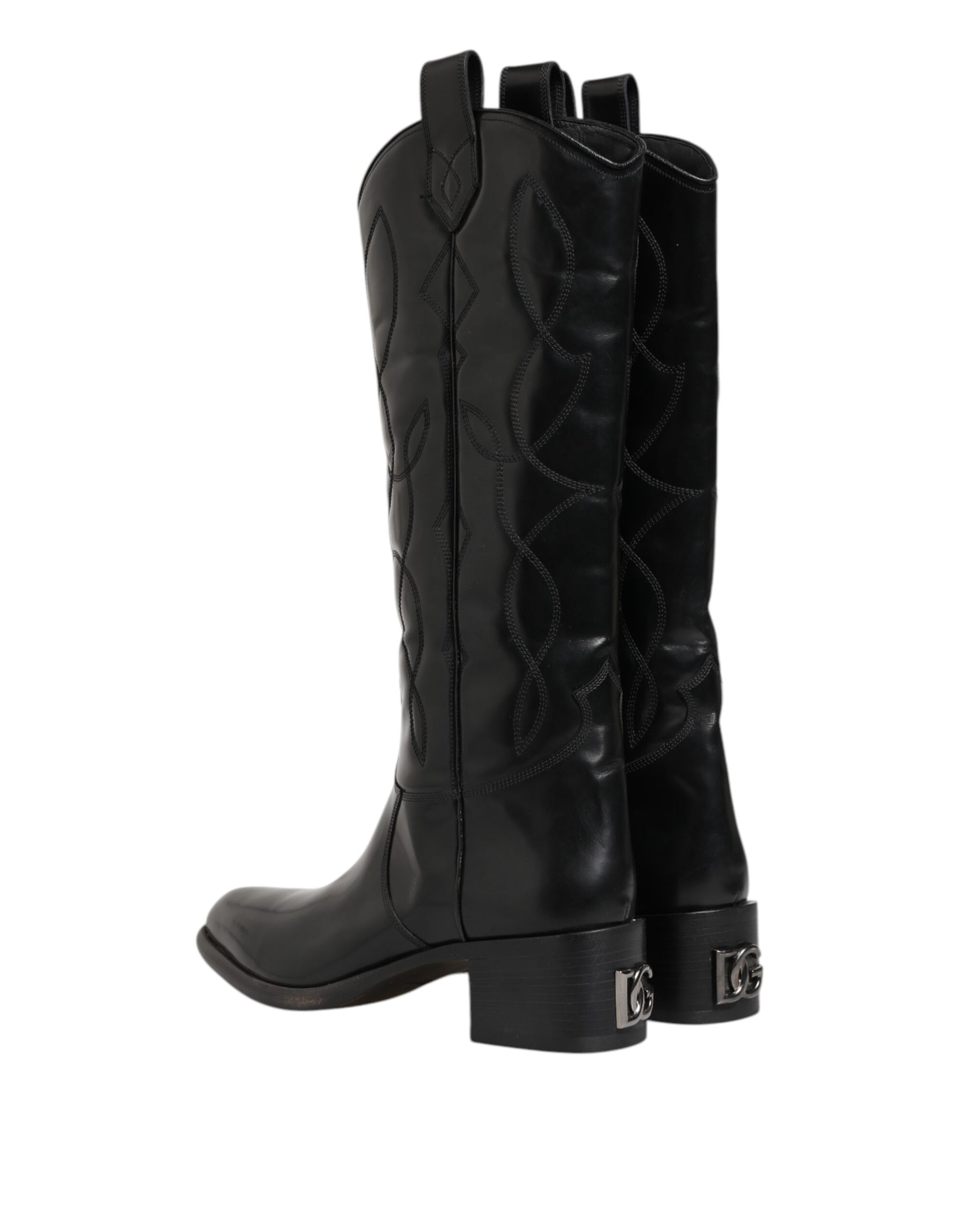 Black Leather Over The Calf Biker Boots Shoes